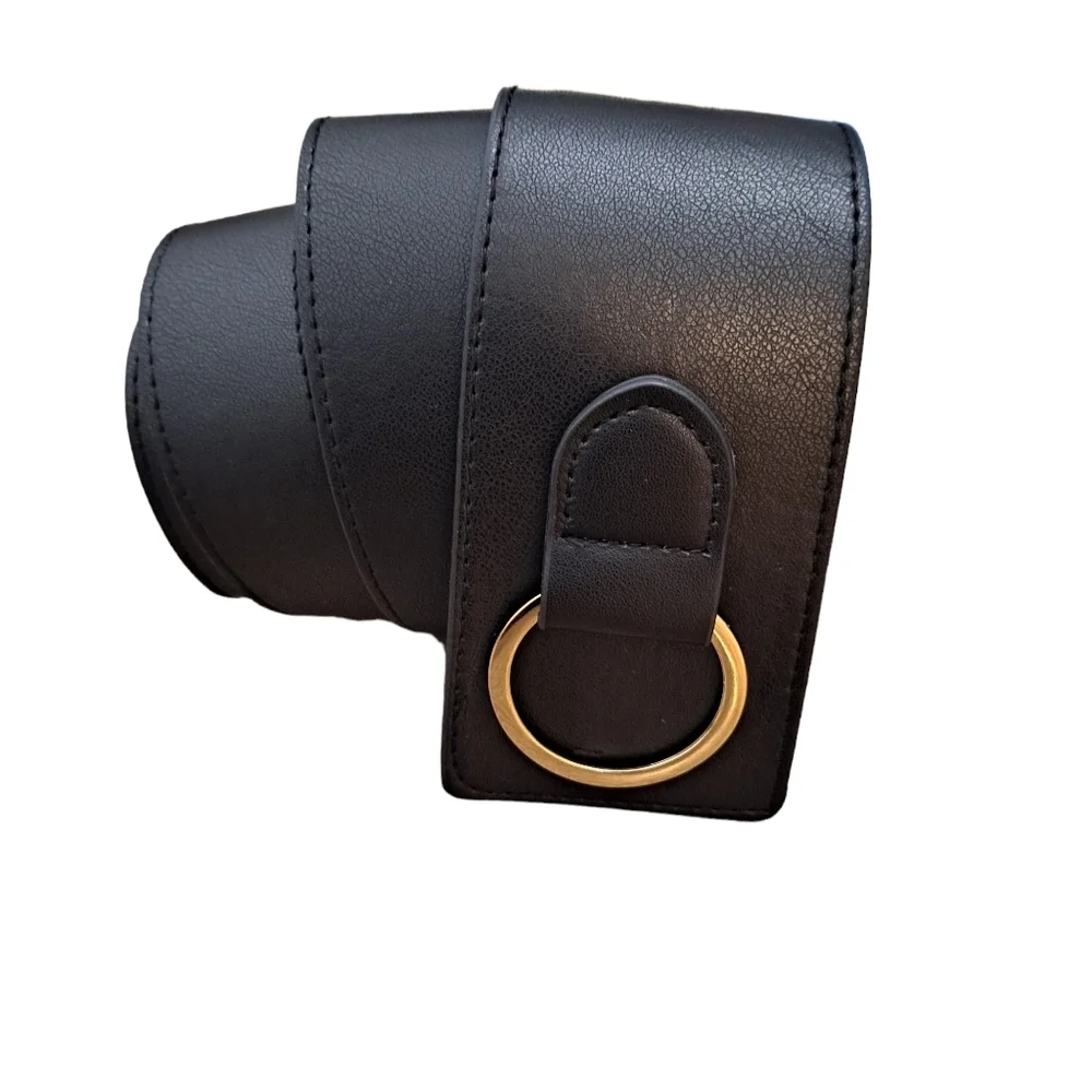 Black Wide Waist Belt with Gold Ring Accent